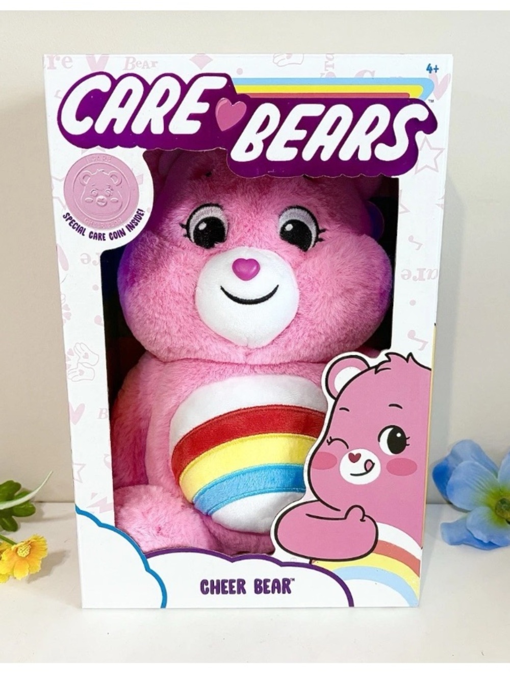Care Bears Exclusive Cheer Bear NEW-Pink Rainbow Collectible Plush-Special Coin